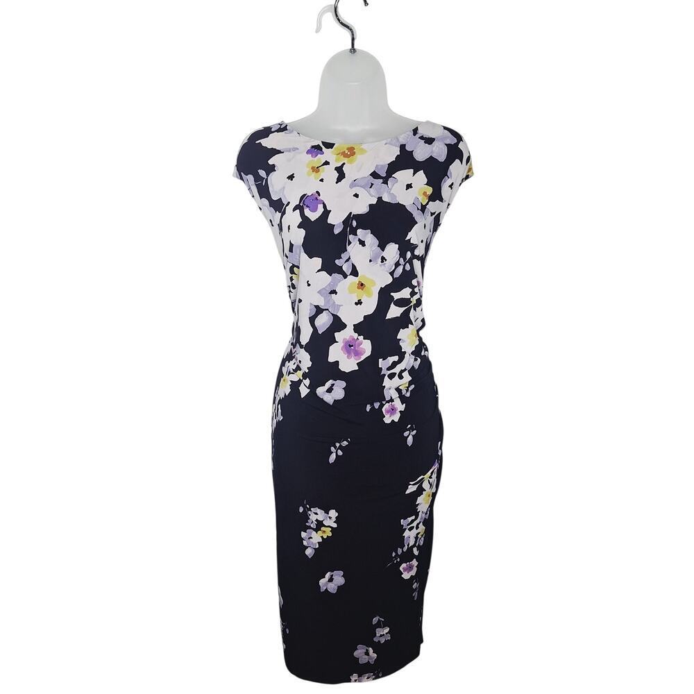 Ralph Lauren Floral Sheath Dress Ruched Cap Sleeve Stretch Jersey 22W Cocktail